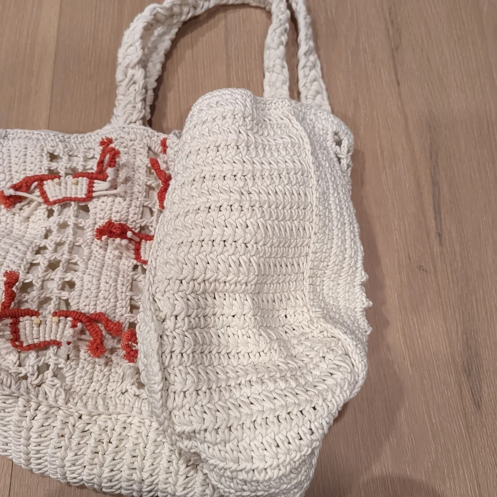 Handcrafted Cream and Red Tote Bag with little crabs